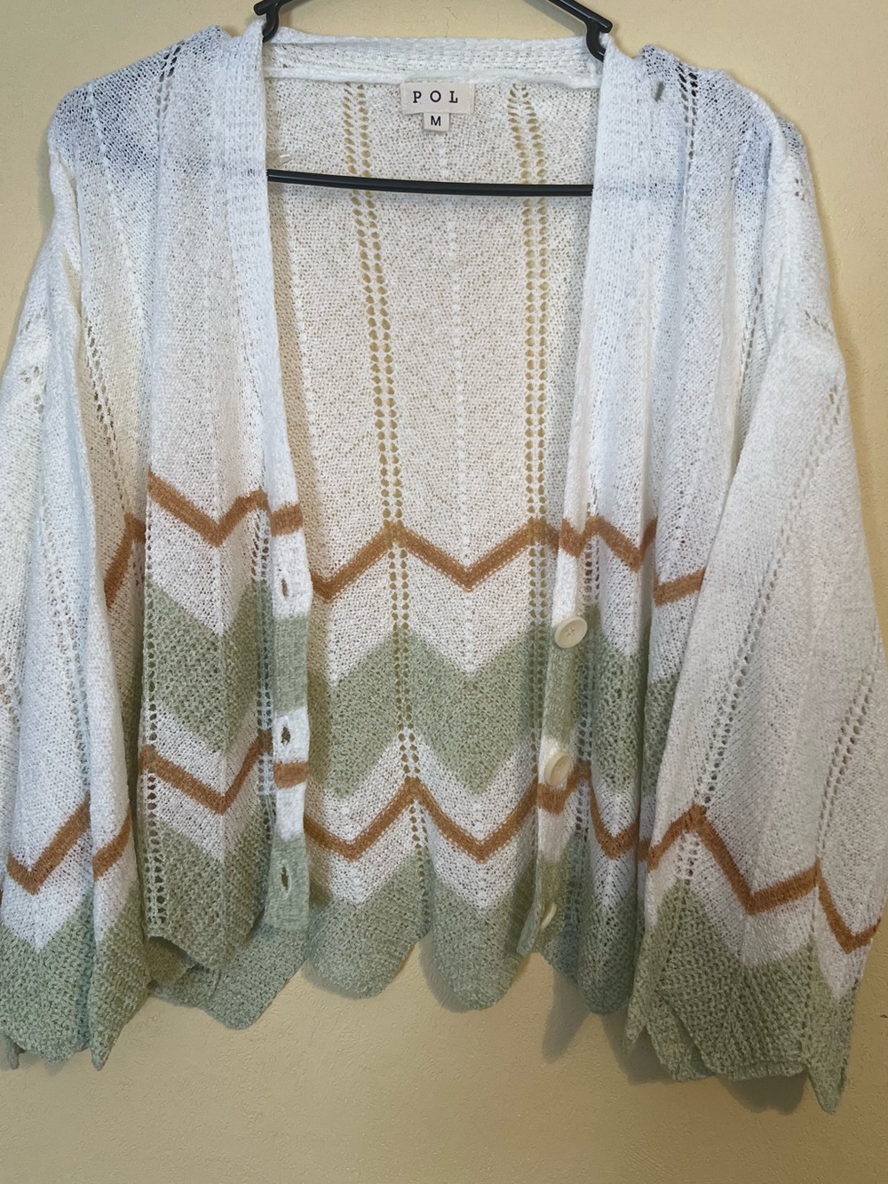 POL Chevron-Stripe Open Cardigan in White, Sage & Tan